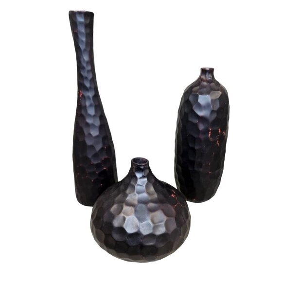 Oriental Style Black Polyresin Vase Set – 3 Textured Honeycomb Vases Asian Deco